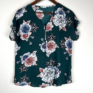 Maurice’s Floral Blouse Women Size S Short Sleeve V-Neck Gunmetal Accent 0263